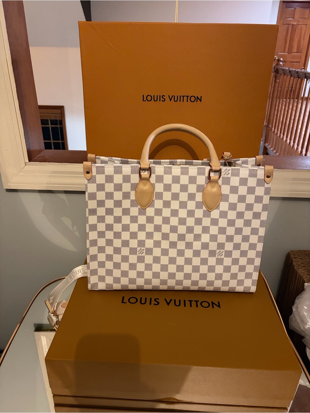 Louis Vuitton Damier Azur Checkered Canvas Tote - White & Beige